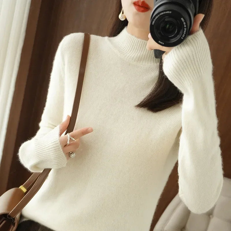 Women’s Autumn Winter Knit Sweater – Korean Fashion Slim Fit Half High Collar Long Sleeve Pullover