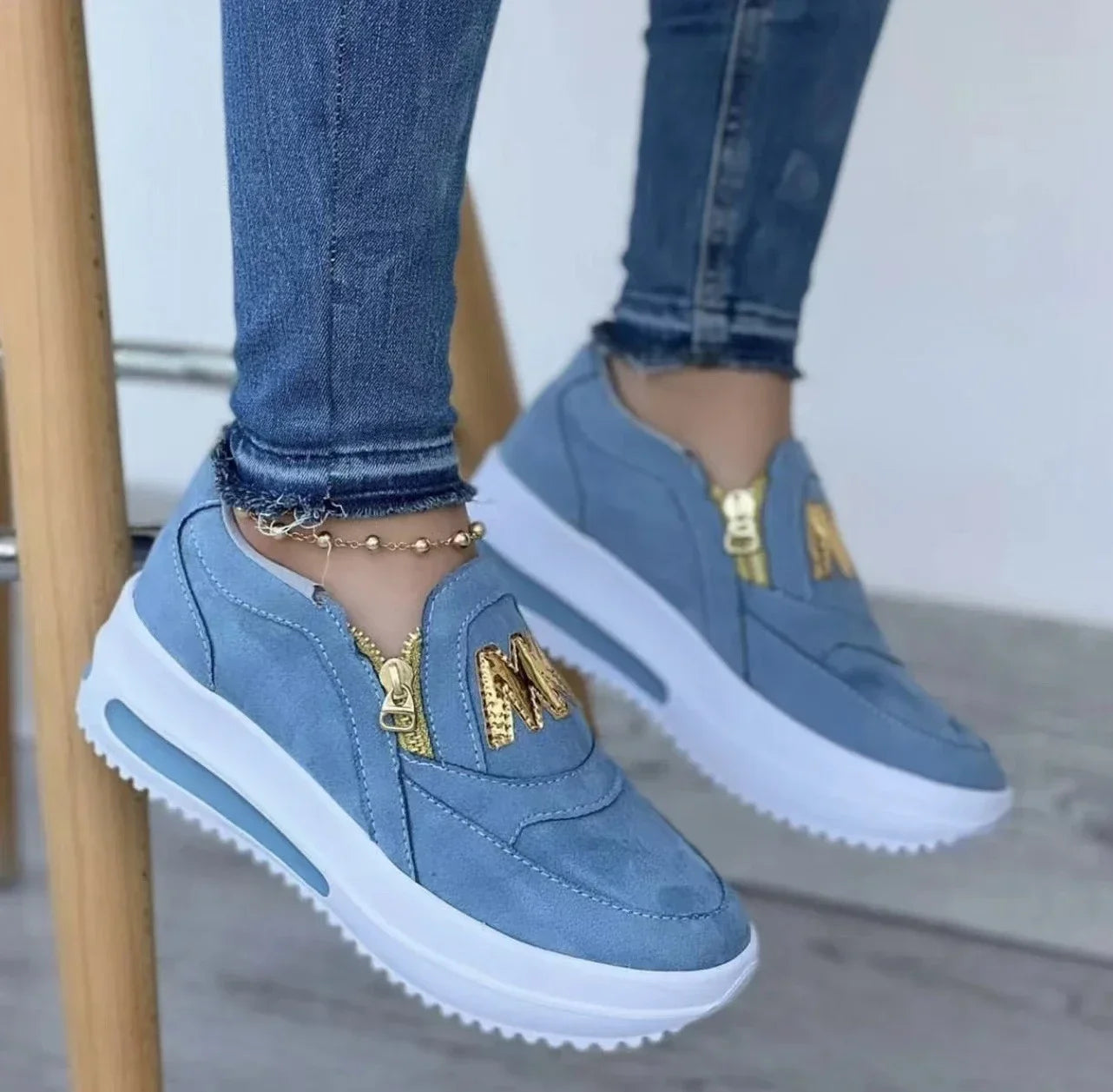 Women Platform Slip-On Loafers Sneakers – Casual Fashion Canvas Shoes with Zipper Detail, Flat Rubber Sole