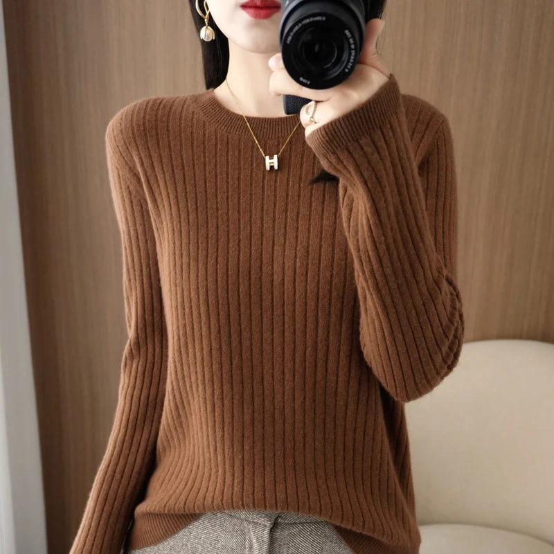 Women’s Autumn Winter O-Neck Striped Knit Sweater – Loose Fit Long Sleeve Pullover Casual Korean Style Jumper