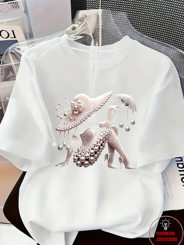 Elegant Light Luxury Women’s Printed T-Shirt – Casual Loose Fit Short Sleeve Summer Top