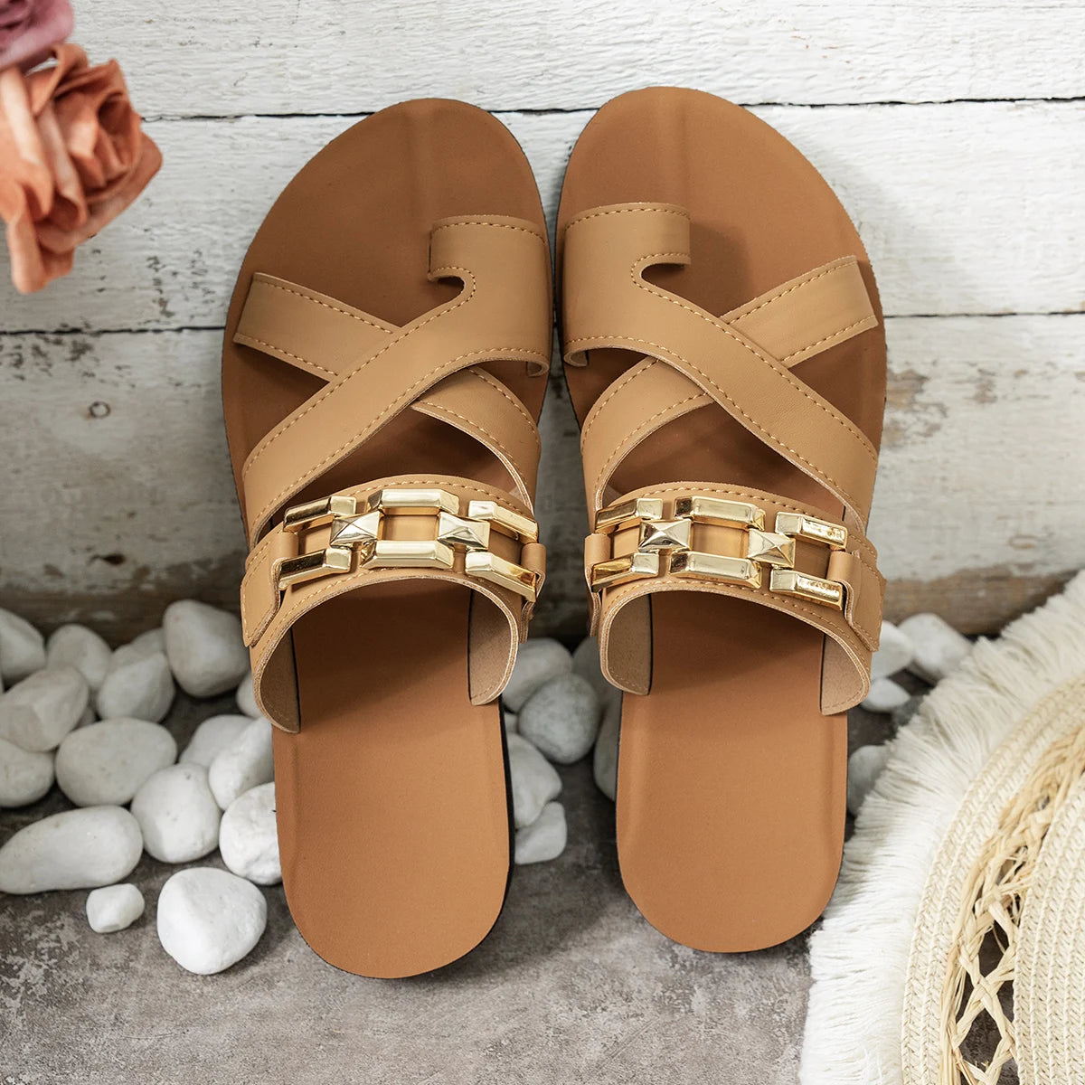 Women’s Fashion Flat Sandals – Gold Chain Slip-On Summer Slippers, Comfortable Casual Footbed Sandals