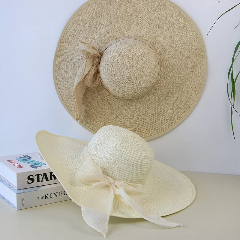 Women’s Wide Brim Straw Sun Hat – Foldable Beach Panama Hat with Bowknot, UV Protection Casual Summer Outdoor Cap