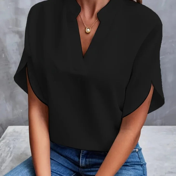 Women’s Summer Solid Color Casual Pullover Shirt – Short Sleeve Loose Fit V-Neck Lightweight Chiffon Blouse Top