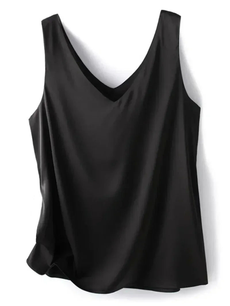 Women’s V-Neck Silk Satin Sleeveless Blouse – Elegant Office Tank Top, Lightweight Summer Camisole