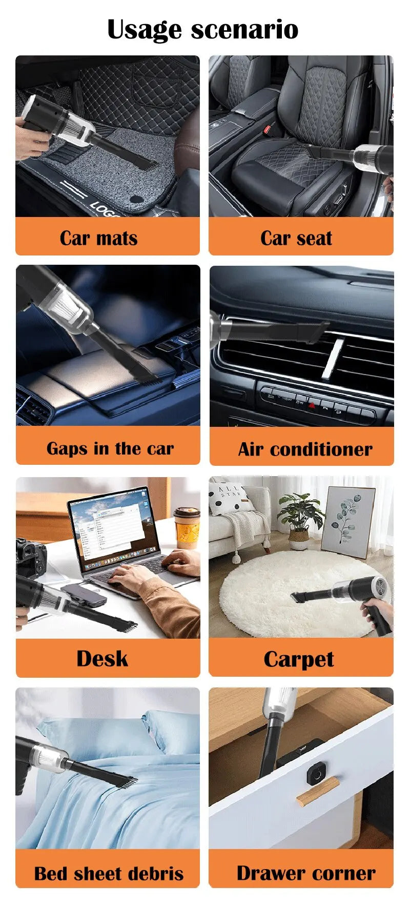 9000Pa Wireless Car Vacuum Cleaner, 120W Cordless Handheld Mini Vacuum – USB Rechargeable 1200mAh Portable Wet & Dry Cleaner for Car, Home & Office