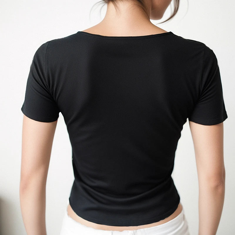 Women’s Summer Slim Fit Square Neck Short Sleeve T-Shirt – Solid Color Y2K Streetwear Sexy Stretch Knit Top