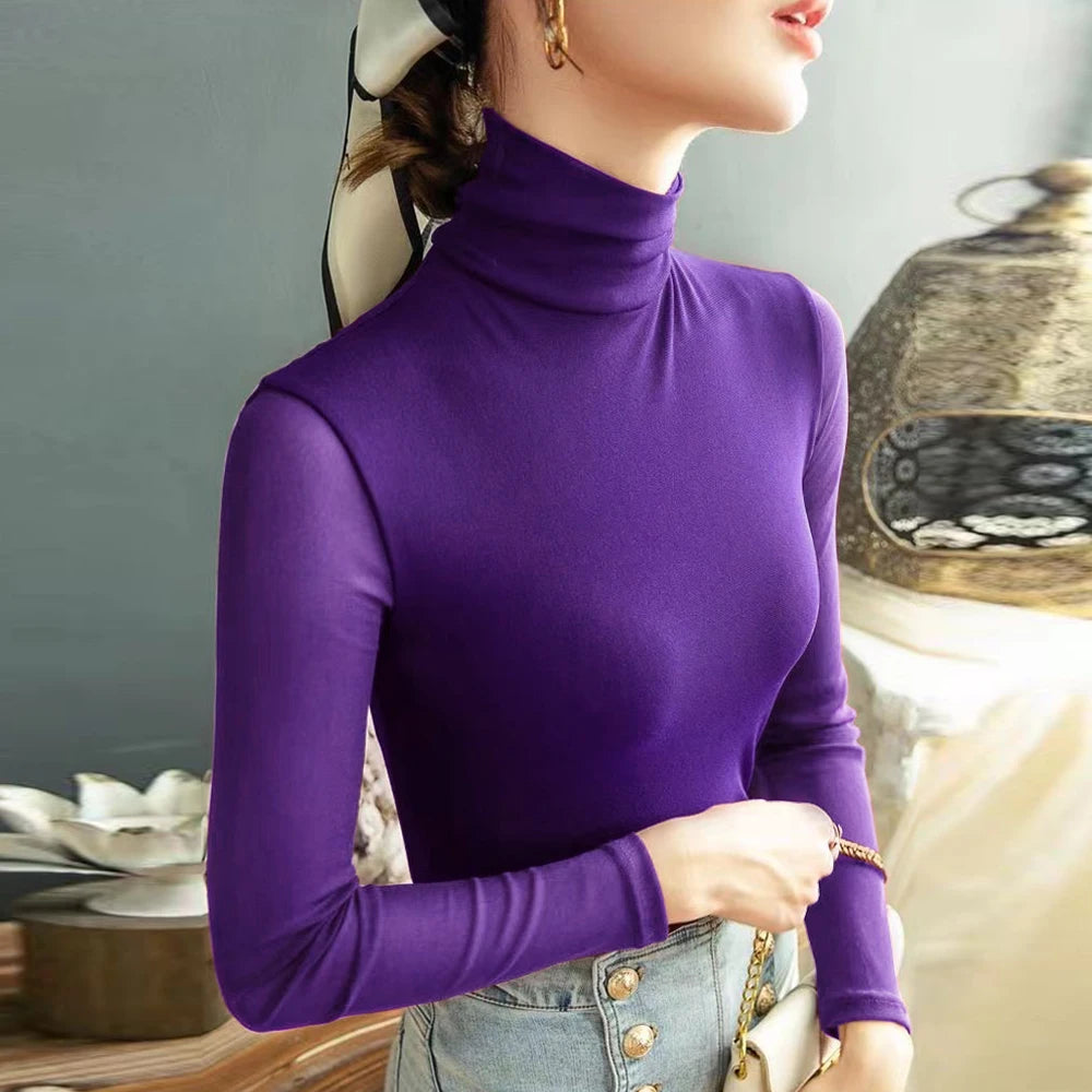Women’s Sheer Mesh Turtleneck Top – Long Sleeve Slim Fit Stretch Tee (S–4XL)