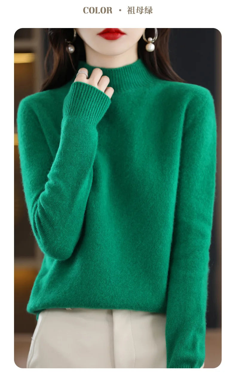 Women’s Autumn Winter Knit Sweater – Korean Fashion Slim Fit Half High Collar Long Sleeve Pullover