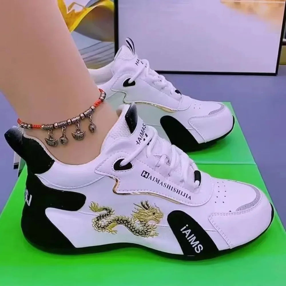 Women’s Designer PU Leather Platform Sneakers – Lightweight Breathable Lace-Up Casual Sports Shoes for Spring & Autumn