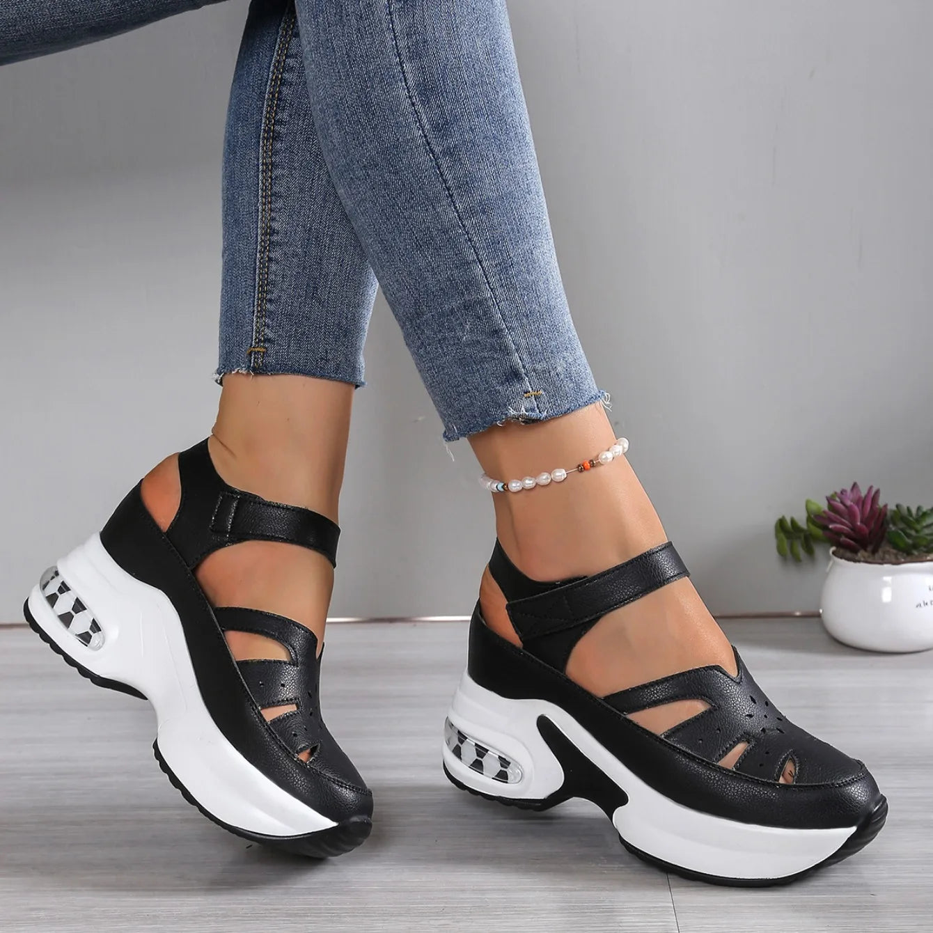 Women Closed Toe Summer Sandals – Plus Size Casual Slip-On Hollow Out PU Platform Comfort Shoes