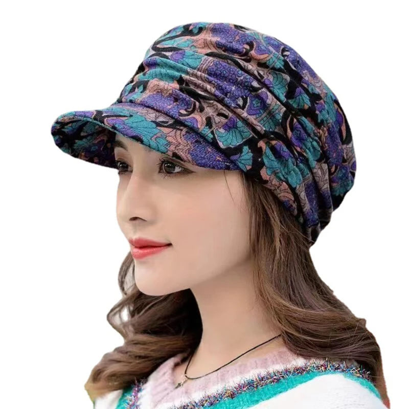 Women Autumn Winter Peaked Cap with Earflap – Warm Foldable Floral Print Casual Hat