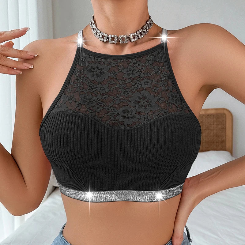 Women Lace Floral Ribbed Camisole Bra – Sexy Backless Nylon Lingerie Tank Top