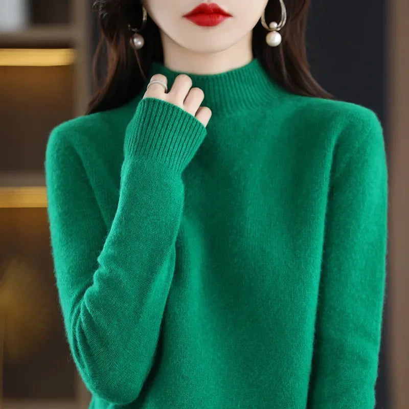 Women’s Autumn Winter Knit Sweater – Korean Fashion Slim Fit Half High Collar Long Sleeve Pullover