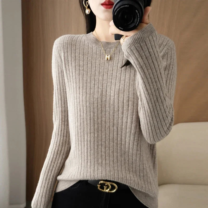 Women’s Autumn Winter O-Neck Striped Knit Sweater – Loose Fit Long Sleeve Pullover Casual Korean Style Jumper