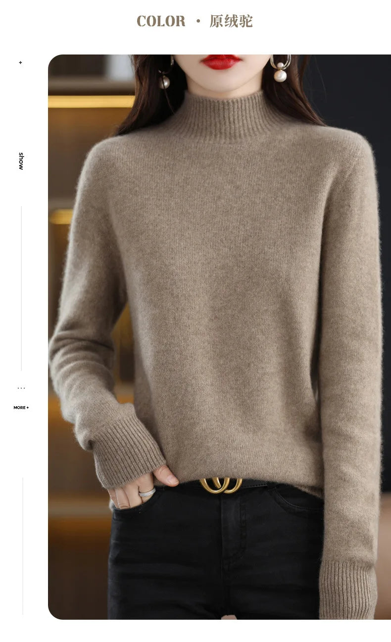 Women’s Autumn Winter Knit Sweater – Korean Fashion Slim Fit Half High Collar Long Sleeve Pullover