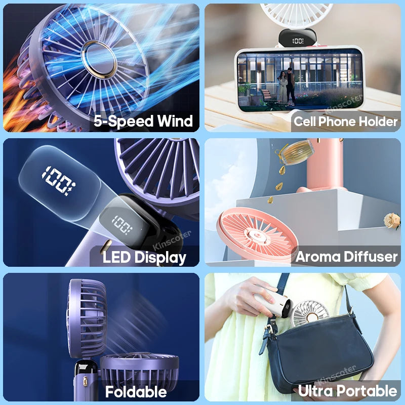 USB Rechargeable Foldable Neck Fan – Portable Handheld Mini Fan with 5-Speed Cooling, Digital Display & Phone Stand, Travel-Friendly Hands-Free Design