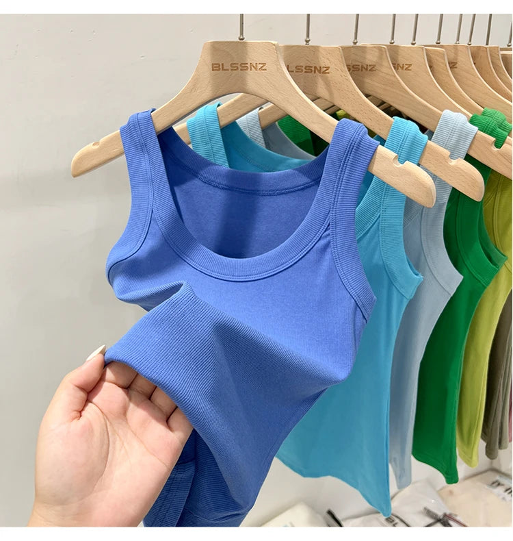 Women Solid Ribbed Tank Top Camisole – Elastic Cotton O-Neck Summer Basic Crop Top 2026