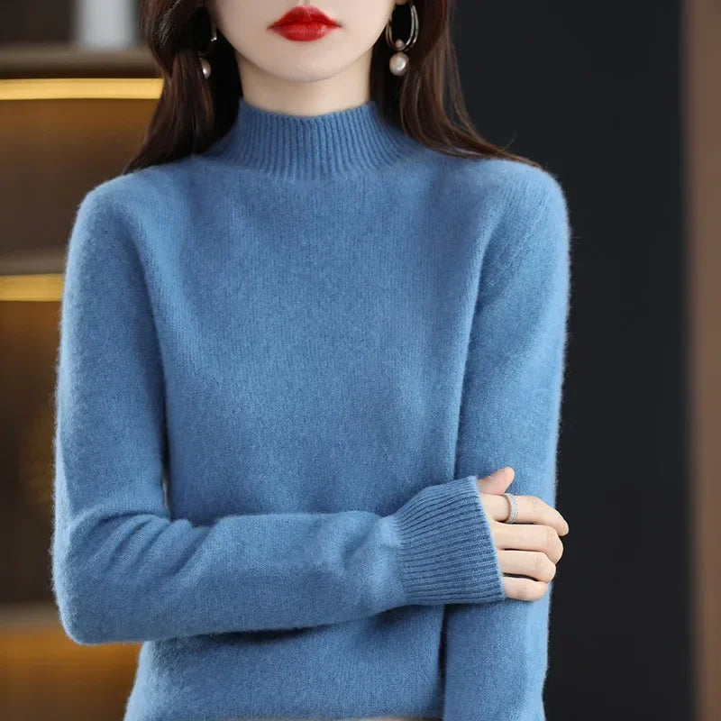 Women’s Autumn Winter Knit Sweater – Korean Fashion Slim Fit Half High Collar Long Sleeve Pullover