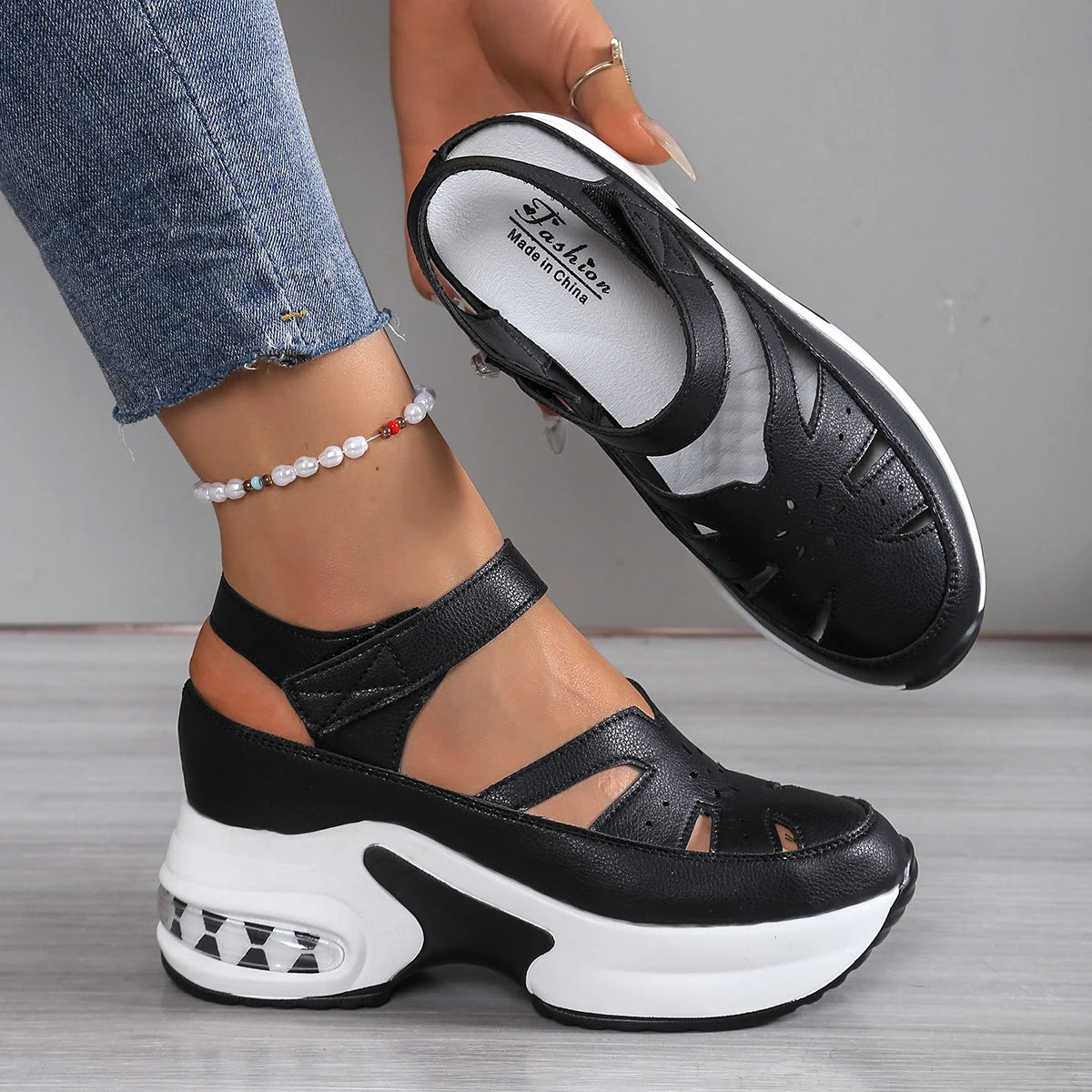 Women Closed Toe Summer Sandals – Plus Size Casual Slip-On Hollow Out PU Platform Comfort Shoes