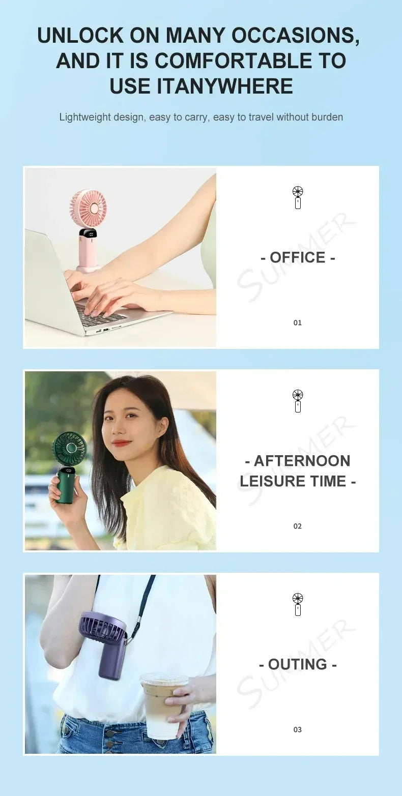 Portable Rechargeable Handheld Fan with LED Display, 5-Speed Mini Clip Fan with 90° Adjustable Head & Aromatherapy Function – USB Personal Cooling Fan for Office, Travel & Outdoor Use