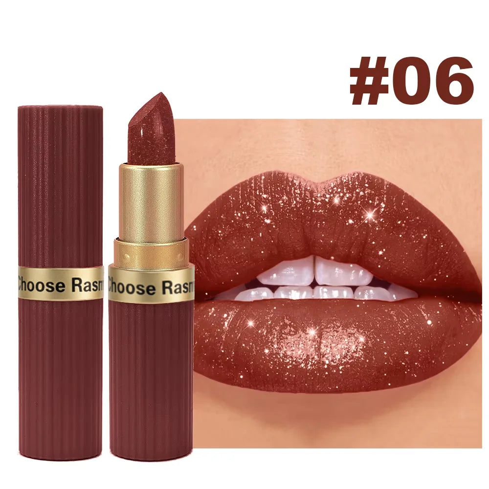 Pearlescent Pink Glitter Velvet Lipstick – Waterproof Long Lasting Matte Metallic Shimmer Diamond Lipstick for Women