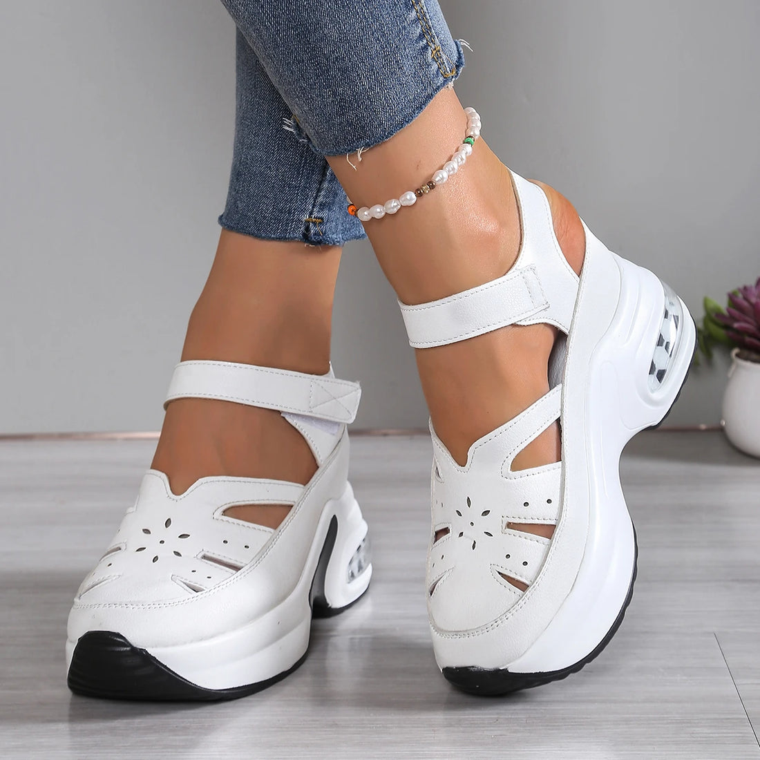 Women Closed Toe Summer Sandals – Plus Size Casual Slip-On Hollow Out PU Platform Comfort Shoes