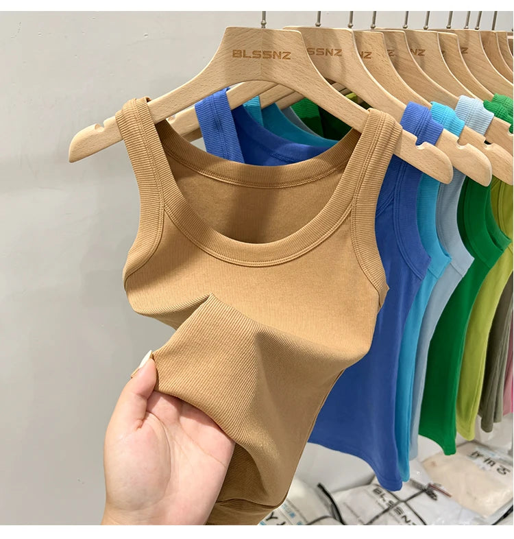Women Solid Ribbed Tank Top Camisole – Elastic Cotton O-Neck Summer Basic Crop Top 2026