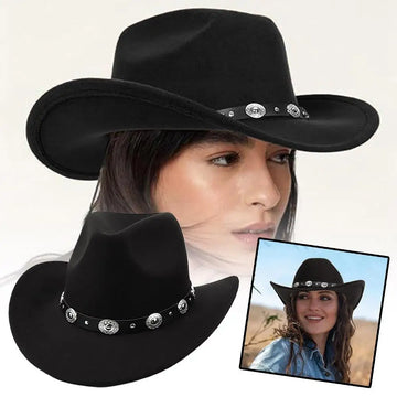 Vintage Western Cowboy Hat for Women – Roll-Up Brim Fedora with Belt Buckle, Sun Protection, All-Season Polyester Cowgirl Hat