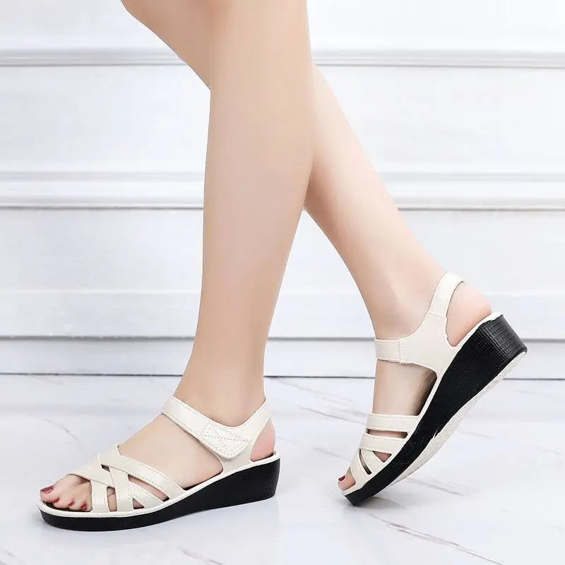 Women’s Non-Slip Wedge Mother Sandals – 4cm Soft Soled Hook & Loop Cross-Strap Casual Summer Comfort Shoes