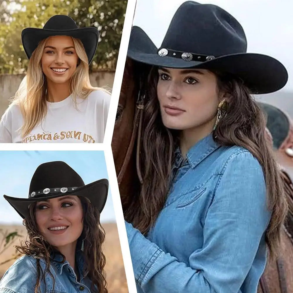 Vintage Western Cowboy Hat for Women – Roll-Up Brim Fedora with Belt Buckle, Sun Protection, All-Season Polyester Cowgirl Hat