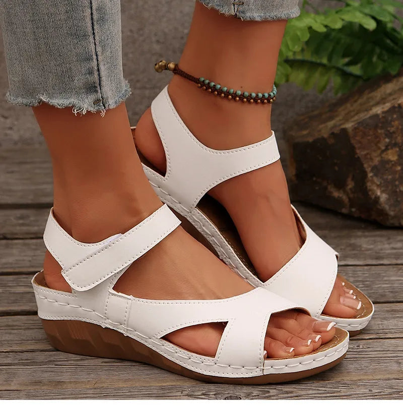 Women’s Wedge Sandals – Casual Summer Heeled PU Comfort Sandalias De Mujer Hook & Loop Strap Fashion Shoes