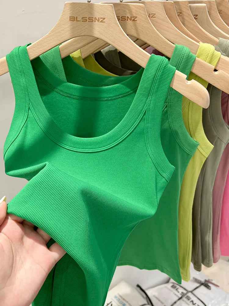 Women Solid Ribbed Tank Top Camisole – Elastic Cotton O-Neck Summer Basic Crop Top 2026