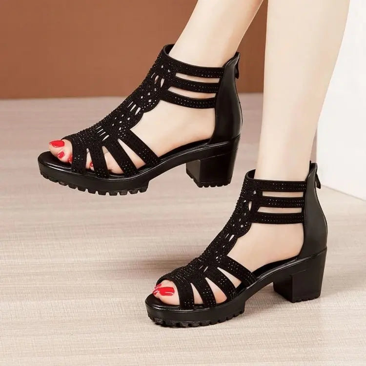 Women’s Open Toe Wedge Sandals – Anti-Slip Hollow Out Casual Shoes with Low Square Heel & Zip Closure