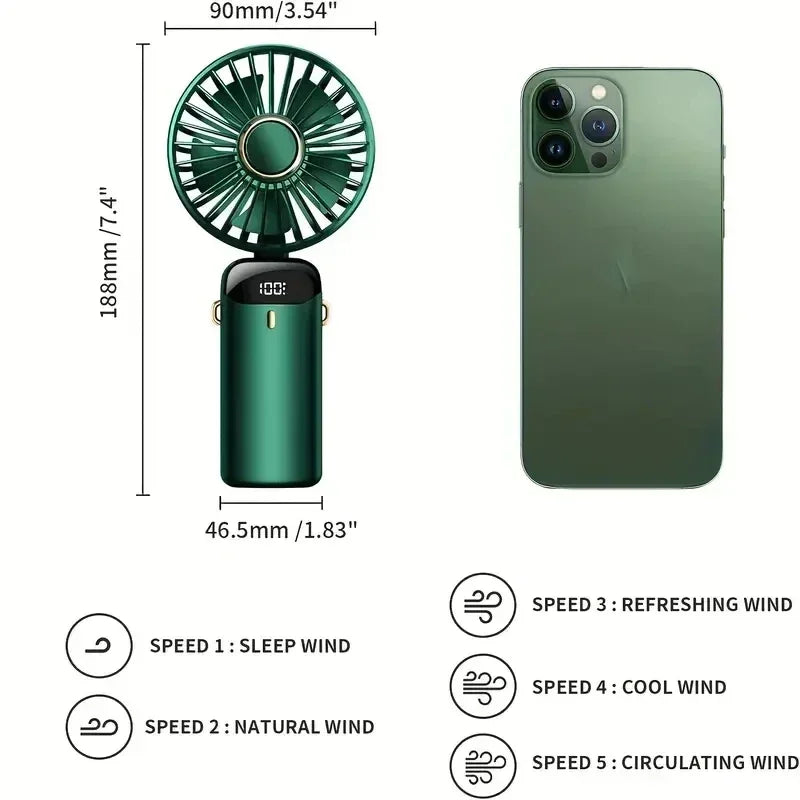 Portable Rechargeable Handheld Fan with LED Display, 5-Speed Mini Clip Fan with 90° Adjustable Head & Aromatherapy Function – USB Personal Cooling Fan for Office, Travel & Outdoor Use