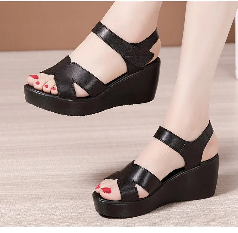 Women’s Plus Size Soft Leather Wedge Sandals (33–43) – Mid Heel Platform Ankle Strap Summer Shoes for Office, Casual & Beach Wear