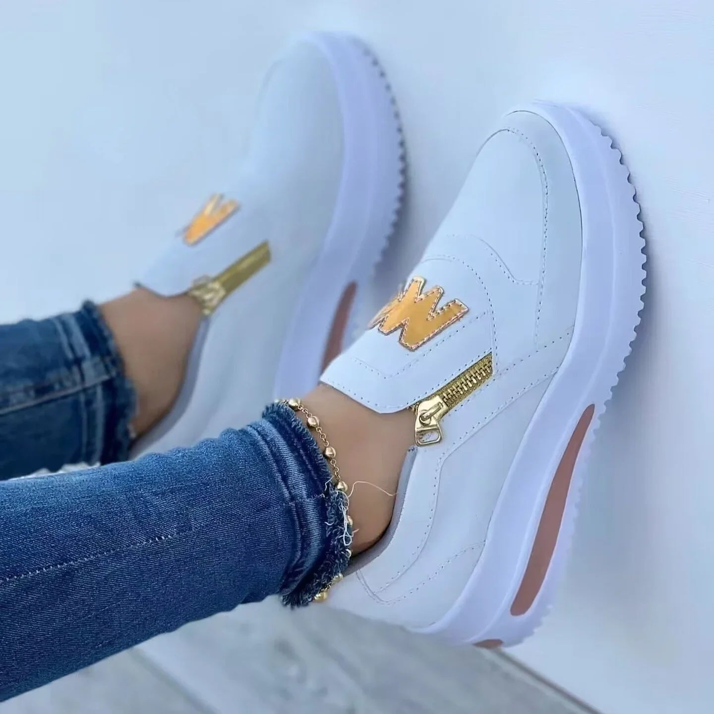 Women Platform Slip-On Loafers Sneakers – Casual Fashion Canvas Shoes with Zipper Detail, Flat Rubber Sole