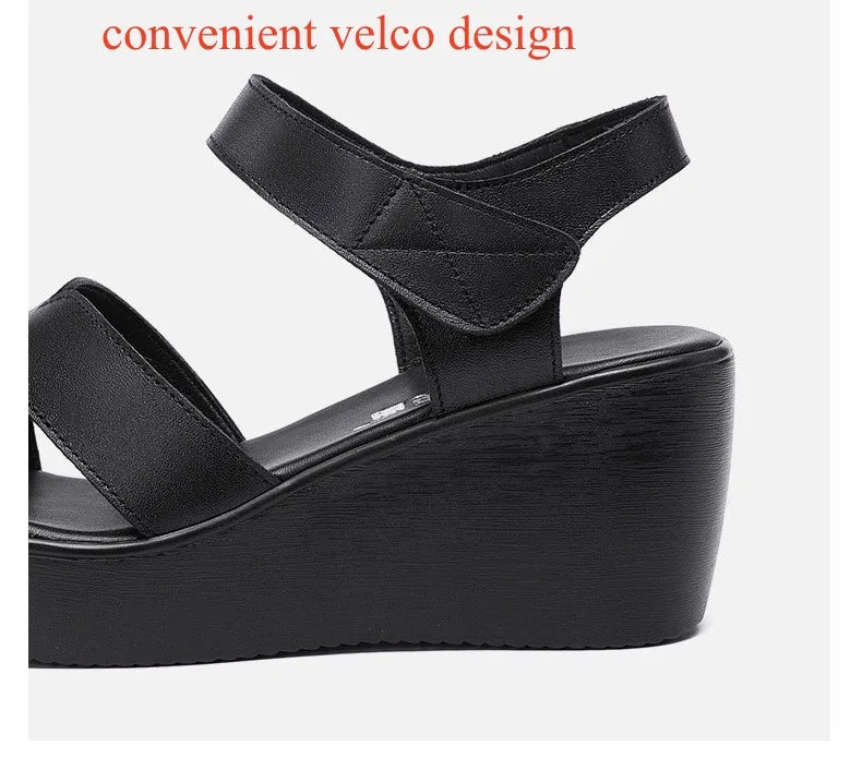 Women’s Plus Size Soft Leather Wedge Sandals (33–43) – Mid Heel Platform Ankle Strap Summer Shoes for Office, Casual & Beach Wear