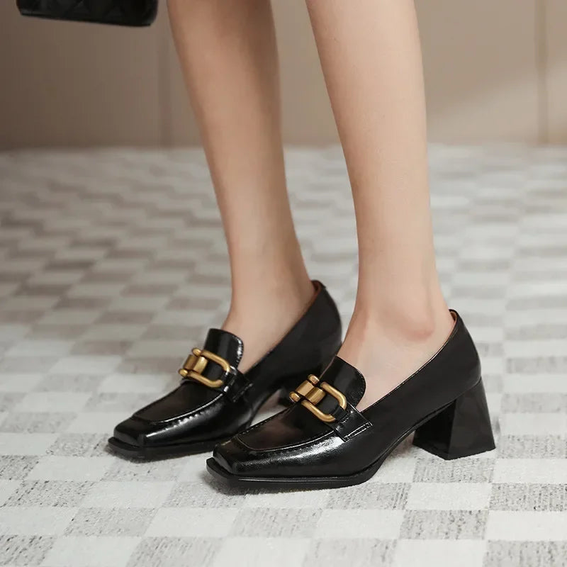 Women’s Square Toe High Heel Loafers – Slip-On PU Pumps with Square Heel (5–8 cm) Casual Elegant Shoes