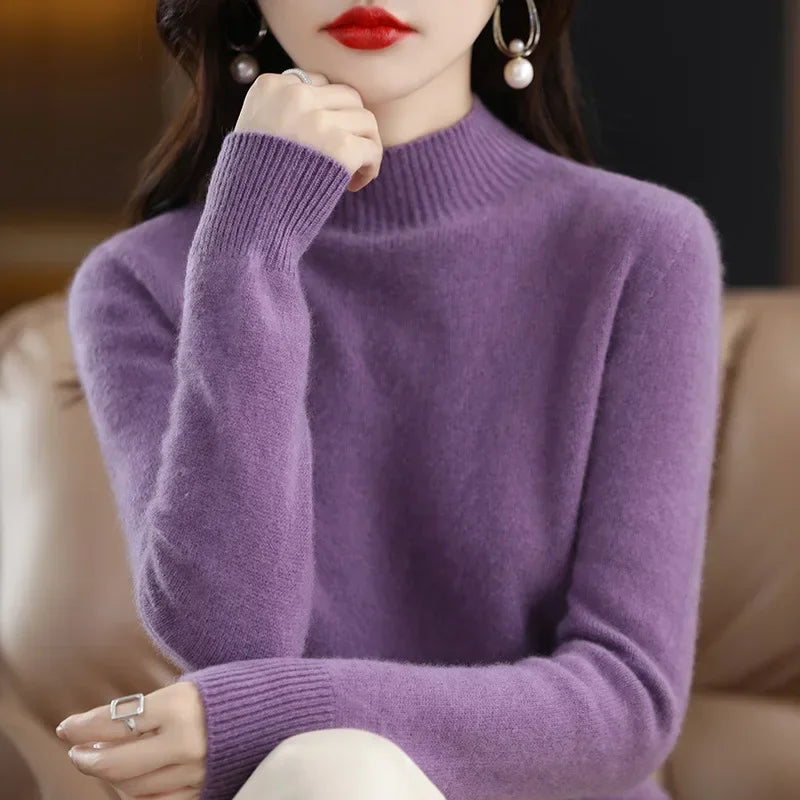 Women’s Autumn Winter Knit Sweater – Korean Fashion Slim Fit Half High Collar Long Sleeve Pullover