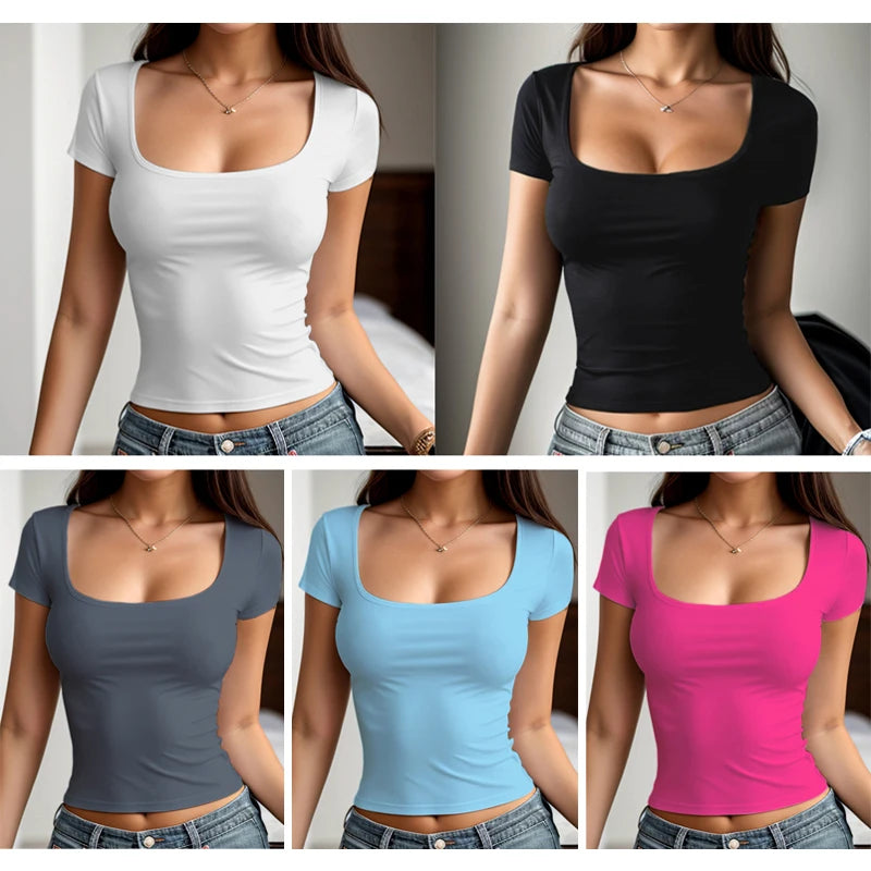 Women’s Summer Slim Fit Square Neck Short Sleeve T-Shirt – Solid Color Y2K Streetwear Sexy Stretch Knit Top