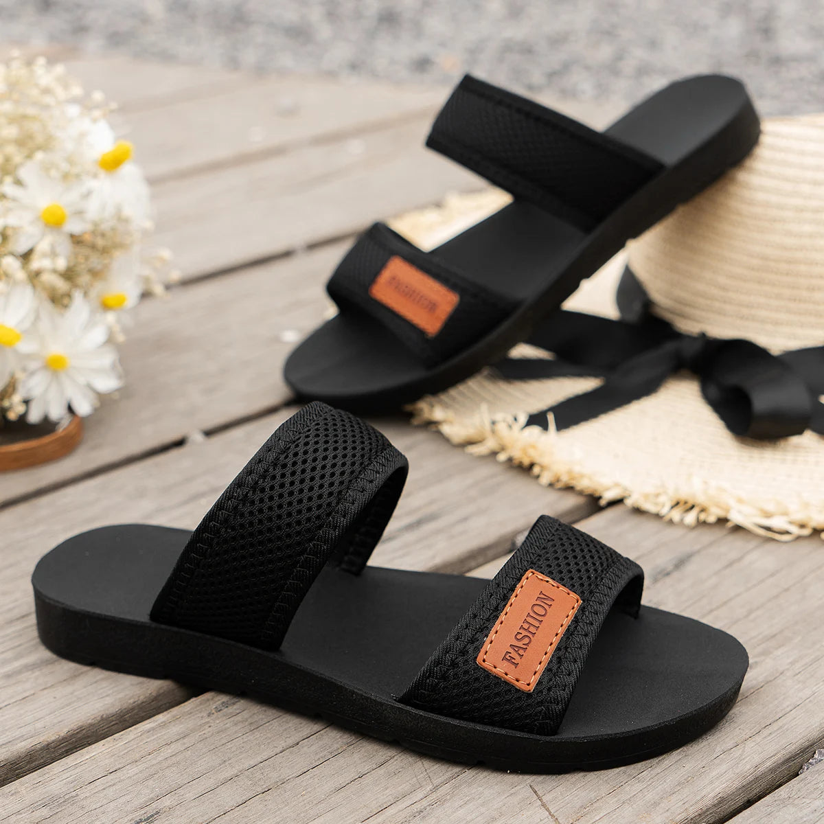 Women’s Breathable Mesh Slip-On Sandals – Lightweight Flat Low Heel Comfort Sandals with Appliques