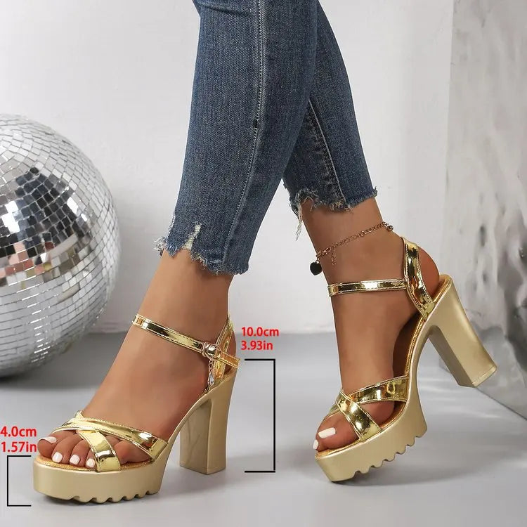 Women’s Gold & Silver Platform Chunky Heel Sandals – Mirror PU Ankle Strap Gladiator Formal Party Shoes