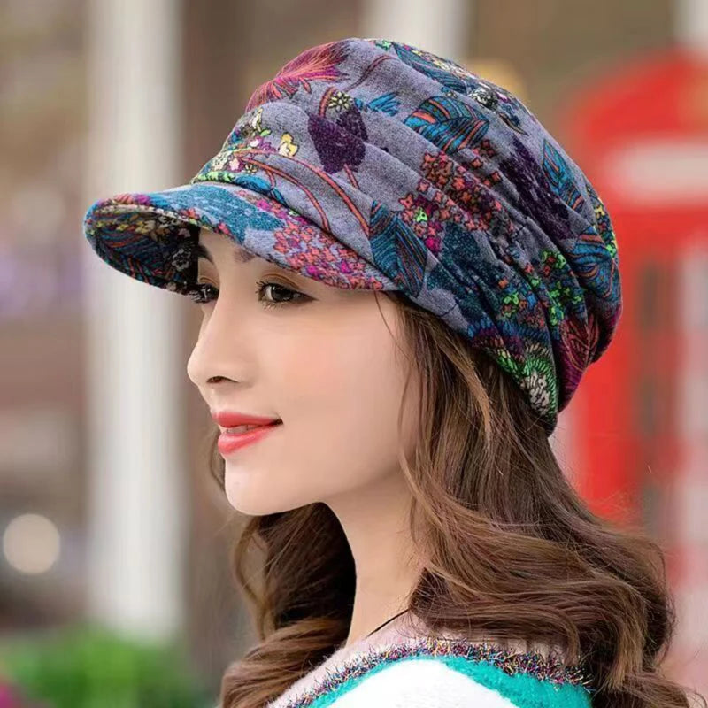 Women Autumn Winter Peaked Cap with Earflap – Warm Foldable Floral Print Casual Hat