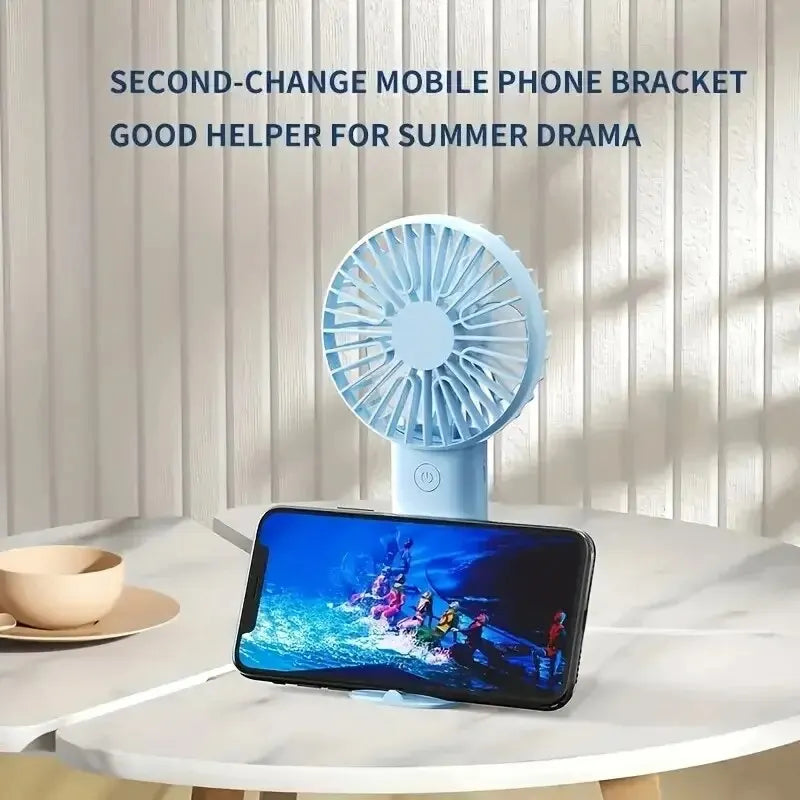 Mini USB Rechargeable Handheld Fan with Phone Holder – 3-in-1 Portable Desktop Cooling Fan, 3-Speed Quiet Mini Fan