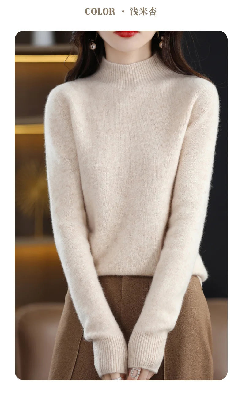 Women’s Autumn Winter Knit Sweater – Korean Fashion Slim Fit Half High Collar Long Sleeve Pullover