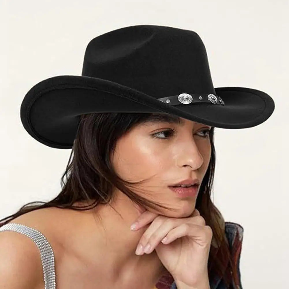 Vintage Western Cowboy Hat for Women – Roll-Up Brim Fedora with Belt Buckle, Sun Protection, All-Season Polyester Cowgirl Hat