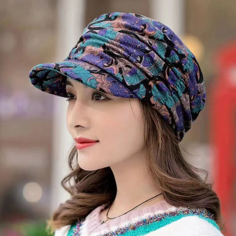 Women Autumn Winter Peaked Cap with Earflap – Warm Foldable Floral Print Casual Hat