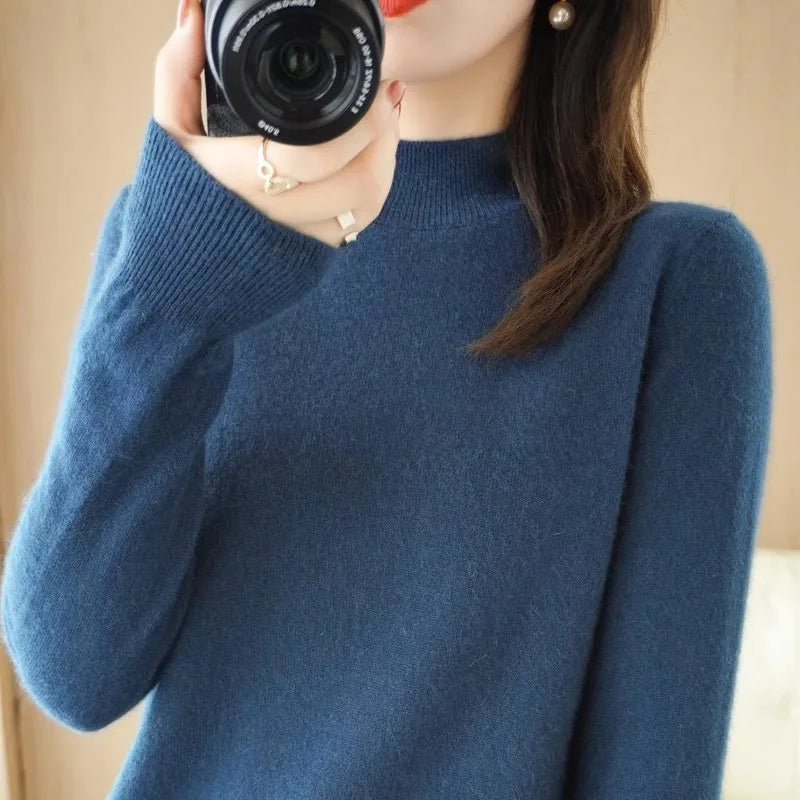 Women’s Autumn Winter Knit Sweater – Korean Fashion Slim Fit Half High Collar Long Sleeve Pullover