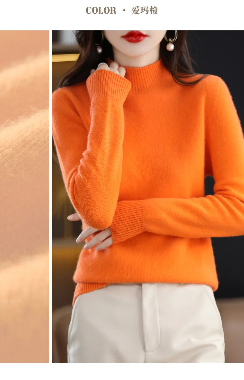 Women’s Autumn Winter Knit Sweater – Korean Fashion Slim Fit Half High Collar Long Sleeve Pullover