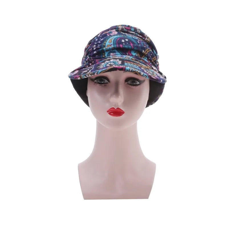 Women Autumn Winter Peaked Cap with Earflap – Warm Foldable Floral Print Casual Hat